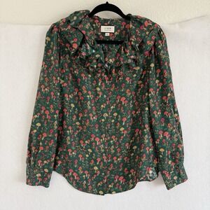 J.Crew Collection Womens Silk Twill Ruffle Collar Top M Mushroom Floral Green